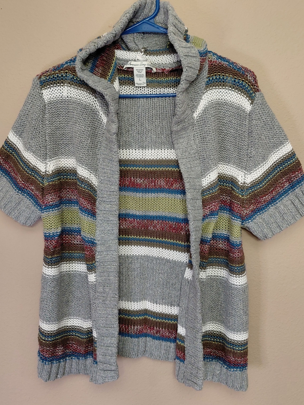 American Rag Gray Hooded Open-Front Short Sleeve Striped Cardigan